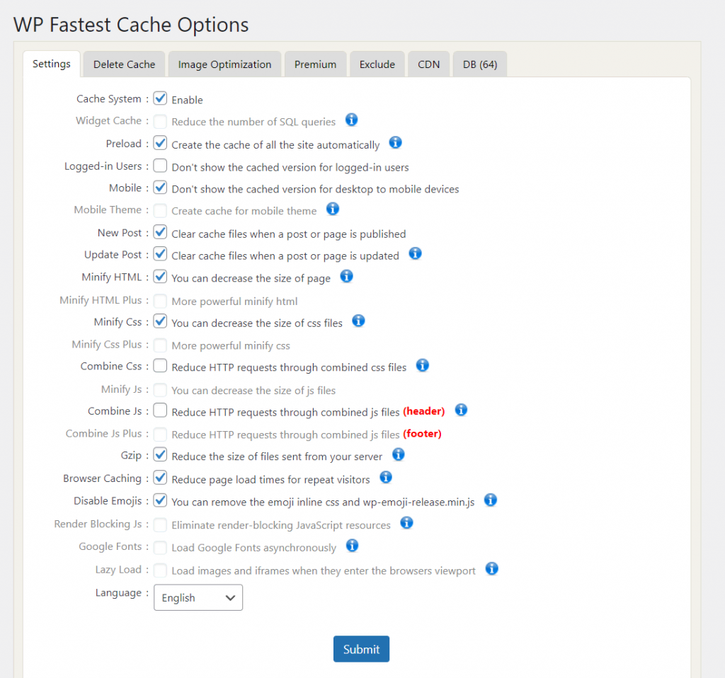 WP Fastest Cache's caching settings consist of checkboxes with explanations