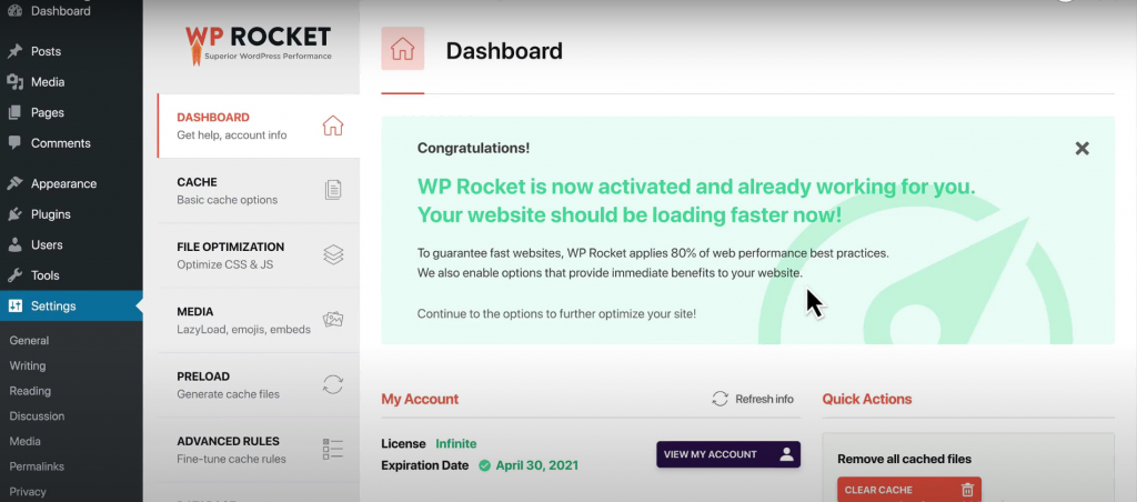 WP Rocket's dashboard features configurations for cache, file optimization, media, preload, and advanced rules.