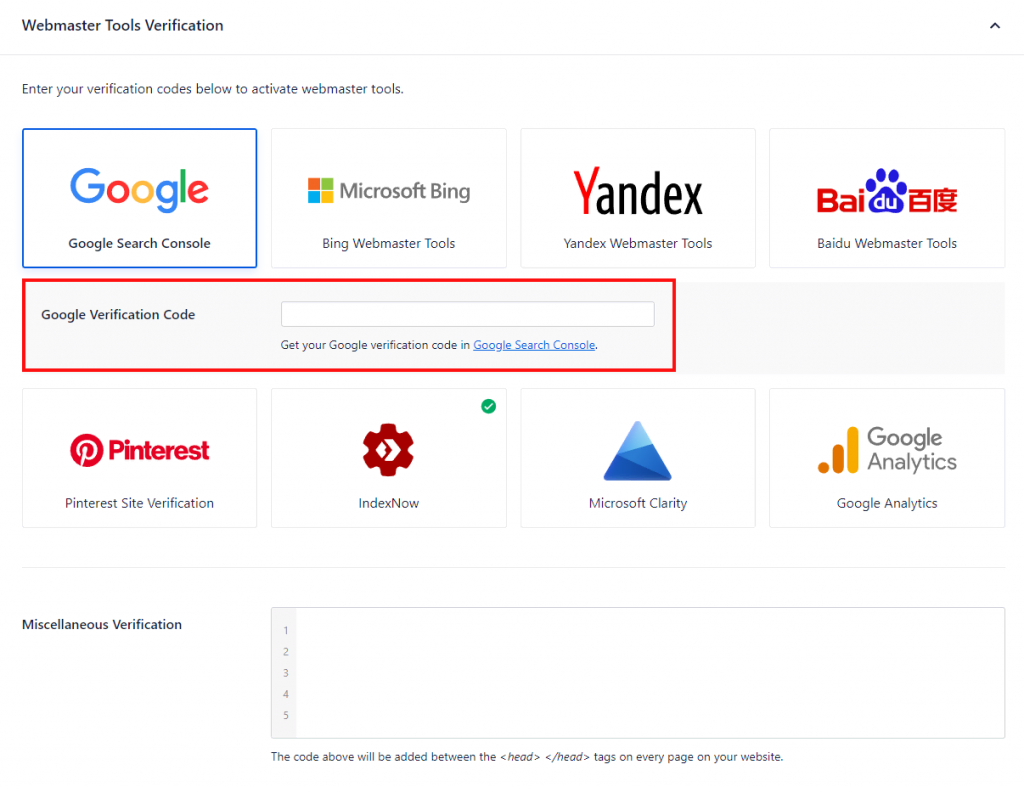 Webmaster Tools Verification page displaying the Google Verification Code field