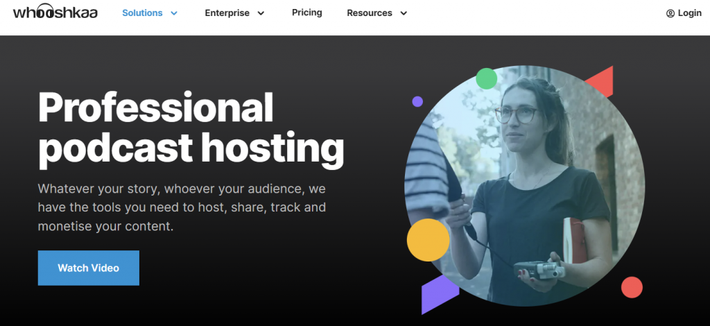 The hosting solution page of Whooshkaa, an audio content management platform