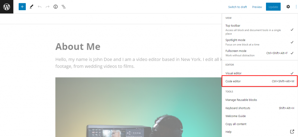 WordPress Gutenberg page editor options with the code editor option highlighted