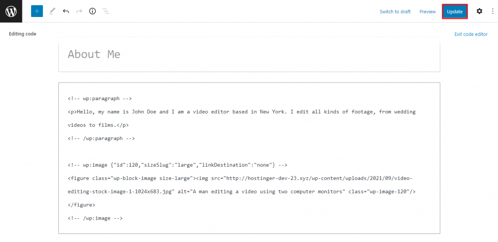 WordPress Gutenberg page editor's code editor with the Update button highlighted