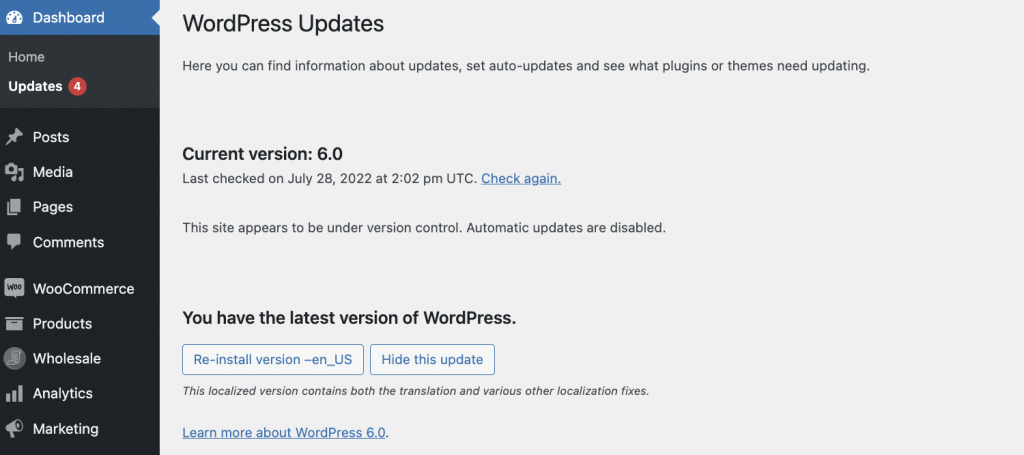 WordPress Updates page showing the latest version of WordPress