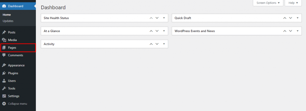 WordPress dashboard with the Pages option on the navigation menu highlighted
