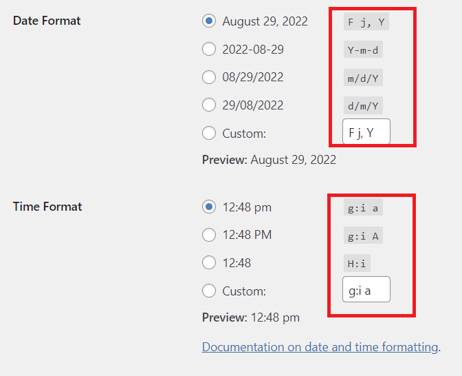 WordPress date and time format string options