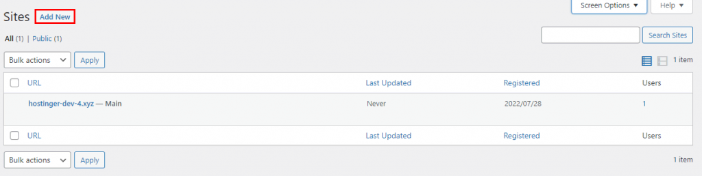 Add a new site on WordPress multisite dashboard