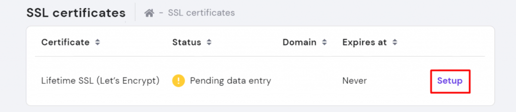 The setup button of an installed SSL certificate