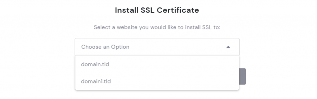 Choosing a domain to install SSL from a dropdown menu in hPanel