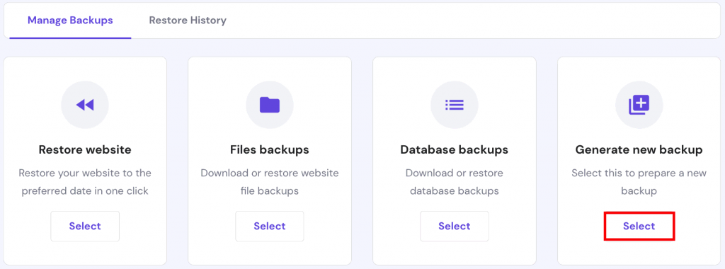 The Generate a new backup button on the Backups section in hPanel