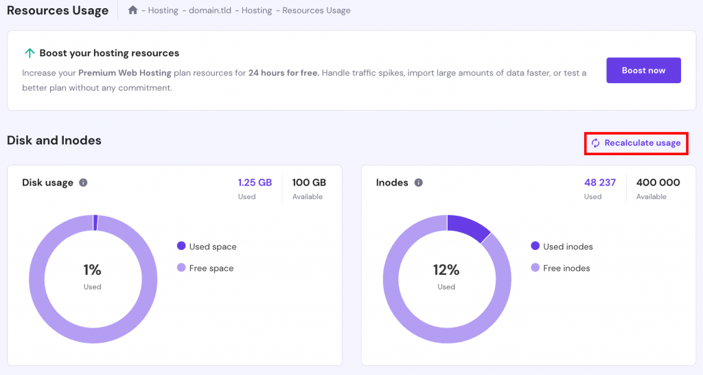 The Resources Usage page on hPanel. The Recalculate usage button is highlighted