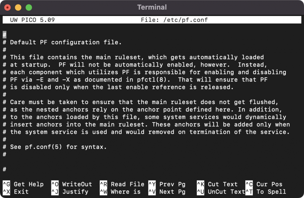 Opening macOS Packet Filter sysconfig file using Terminal.