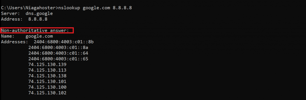 Nslookup displays a non-authoritative answer.