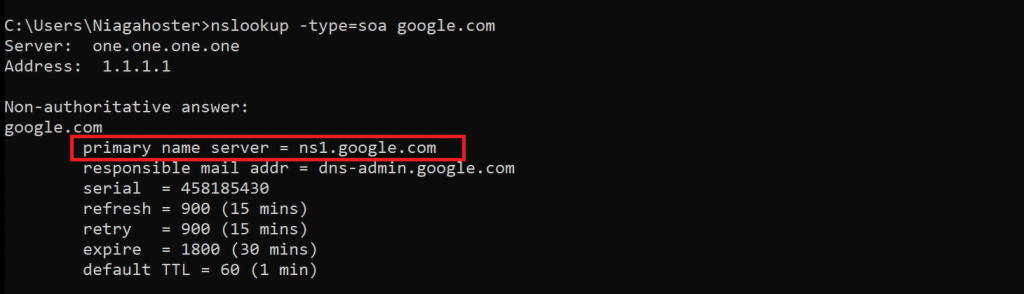 nslookup type soa command