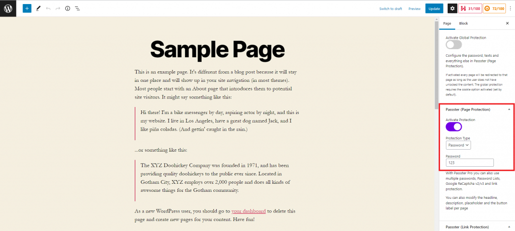 Passster page protection feature on the WordPress block editor