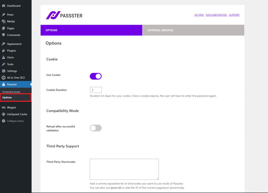 Passster general options