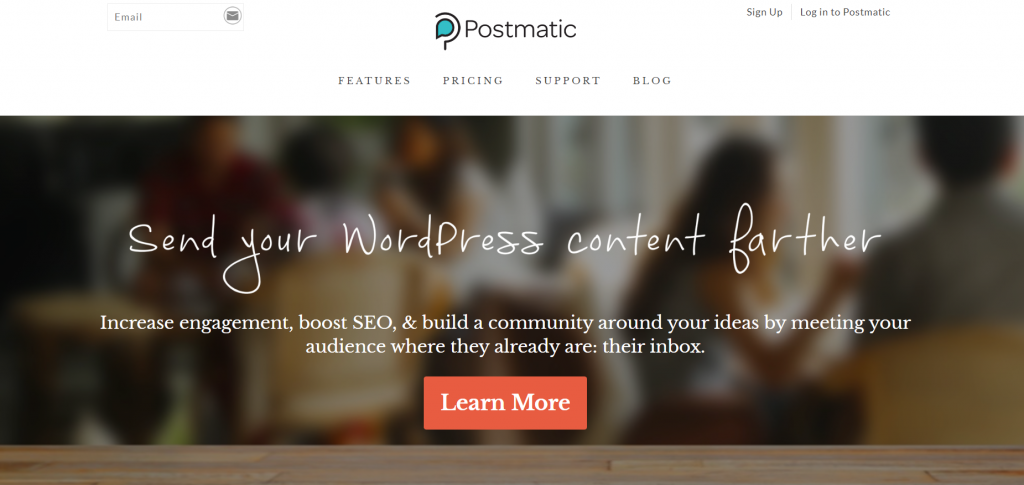 The homepage of Postmatic, a WordPress comment plugin.