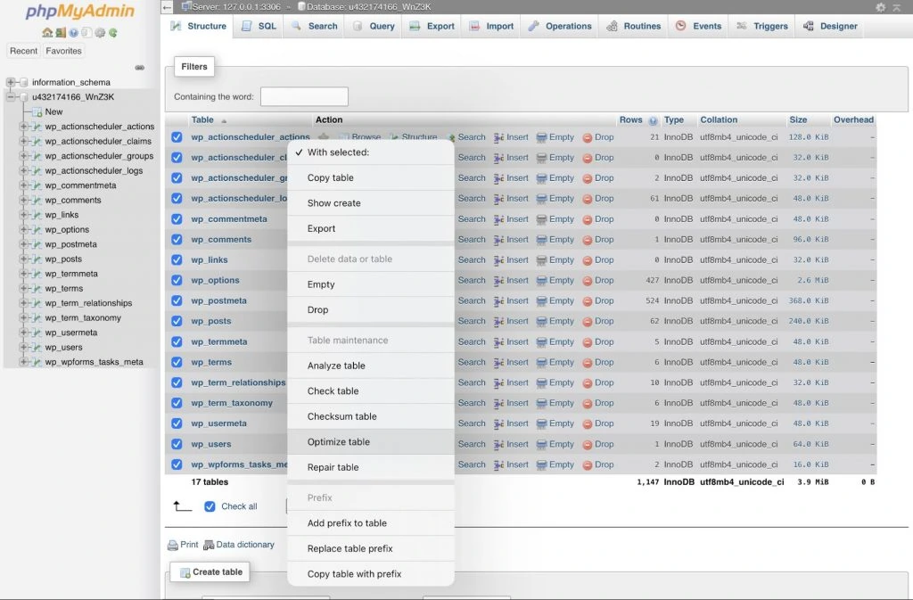 Right-click and choose Optimize Table from the drop-down menu