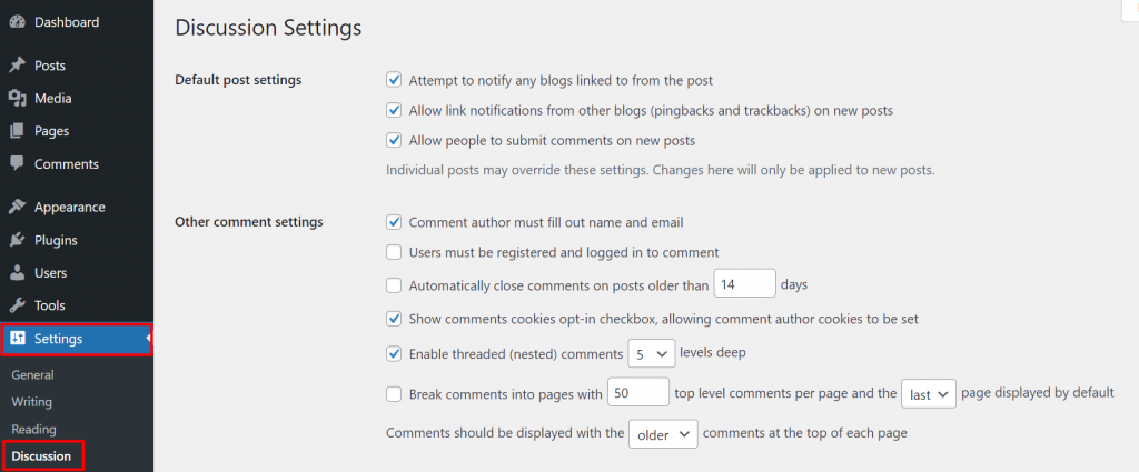 Discussion settings to moderate your comment system.