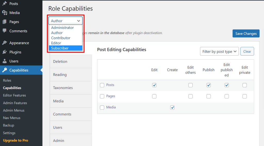 The Role Capabilities page on the WordPress dashboard, with the role drop-down menu highlighted