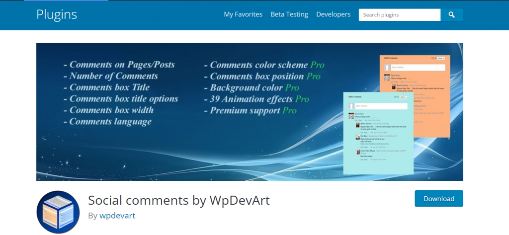 The banner of Social comments by WpDevArt, a WordPress plugin.