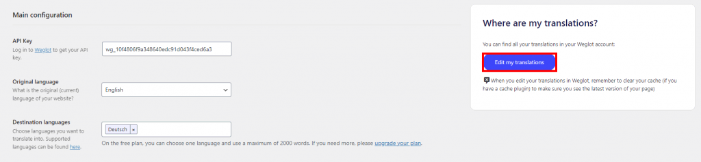 Weglot edit translation button on WordPress dashboard