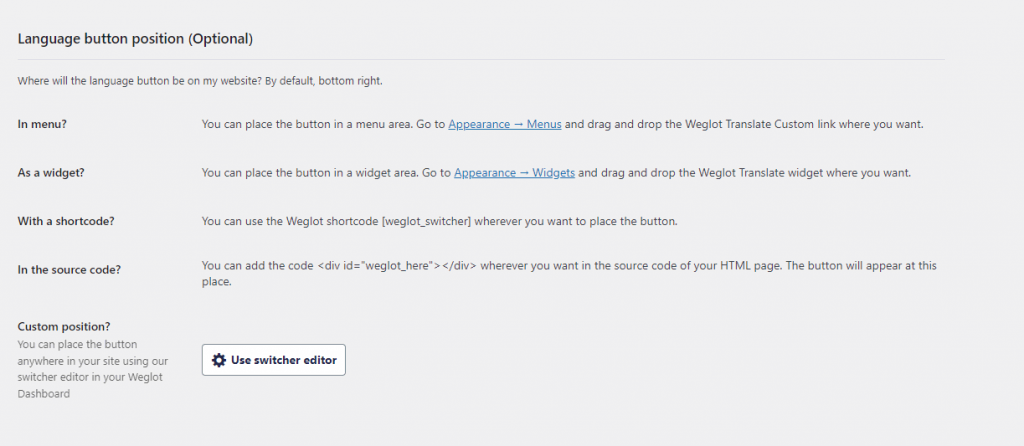Weglot language button position configuration