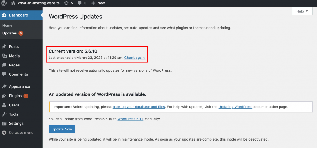 The Dashboard view on the WordPress admin dashboard. The current version is highlighted