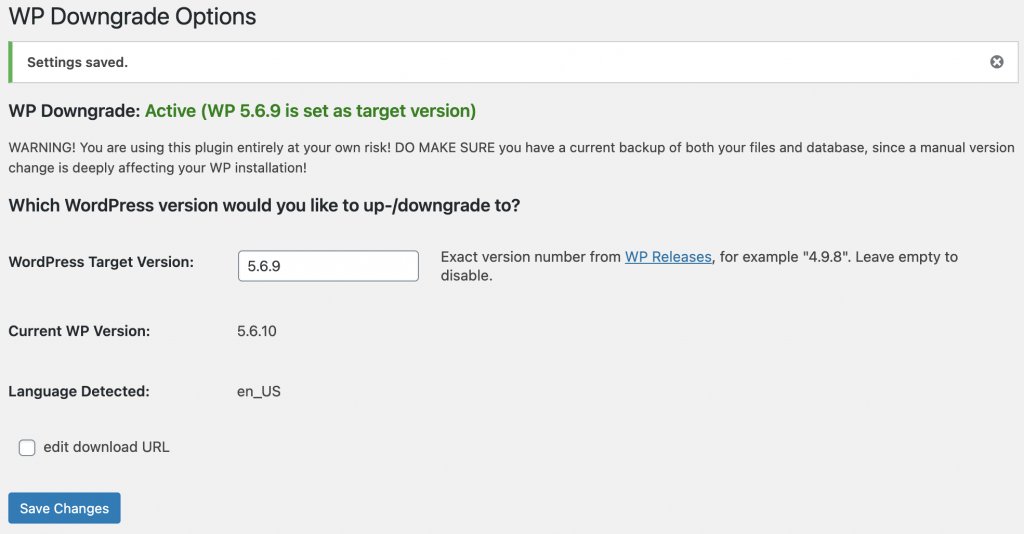 The interface of WP Downgrade after being activated and recognizing the WordPress version entered in the previous step