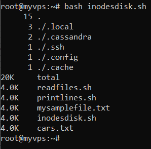 A command-line window showing bash script to count inodes and display disk usage
