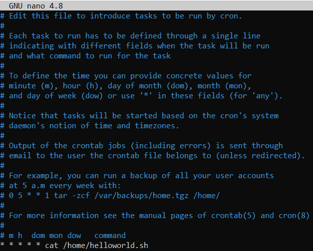 A command-line window with the nano editor open. A crontab file contents can be seen, the last line is showcasing a cron job that will execute our script every minute