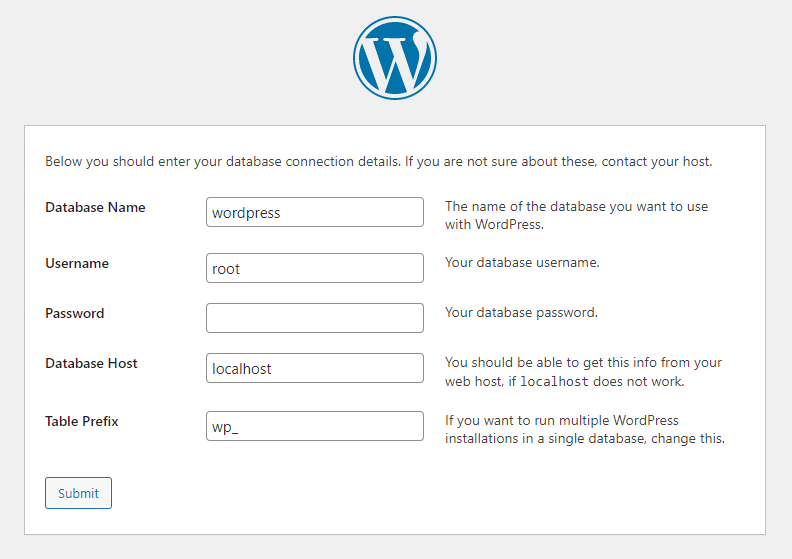 A list of information required by WordPress to create the localhost website