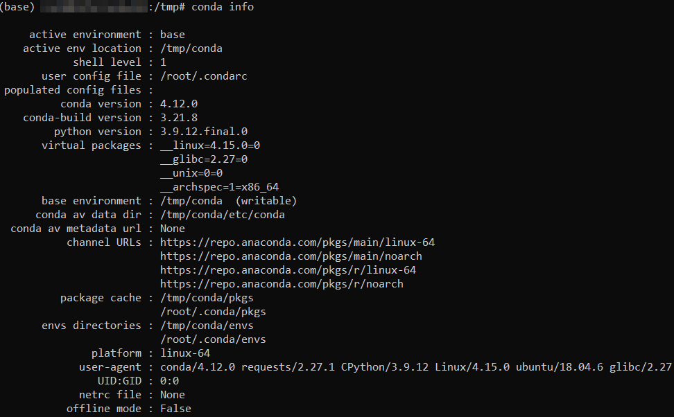 Conda command output showcasing full information about recently installed Anaconda package