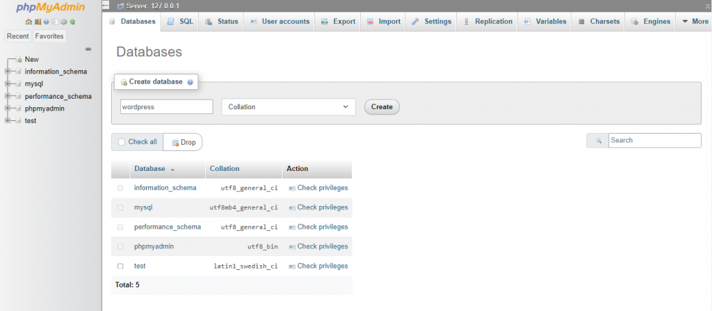 Creating a local database in phpMyAdmin