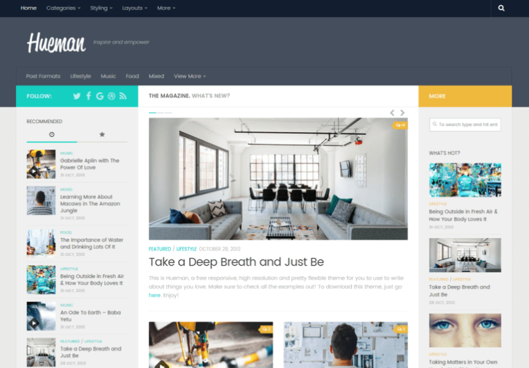 Hueman theme provides flexibility over page and post layout options