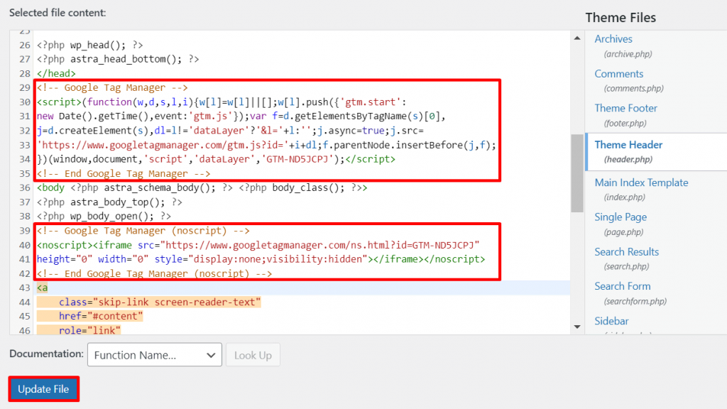 Paste the snippets from Google Tag Manager to the header.php template.
