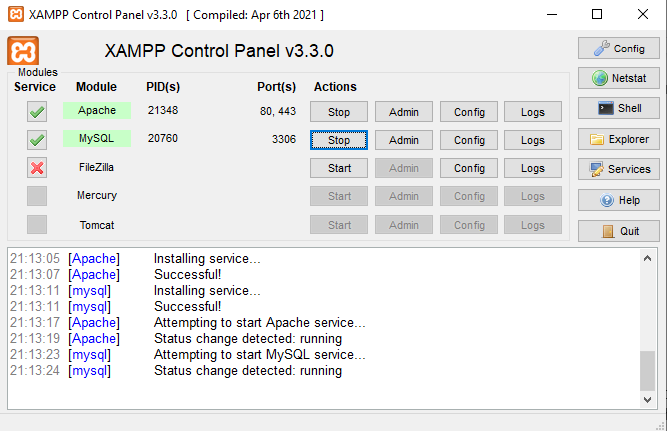 Running the Apache and MySQL modules in XAMPP