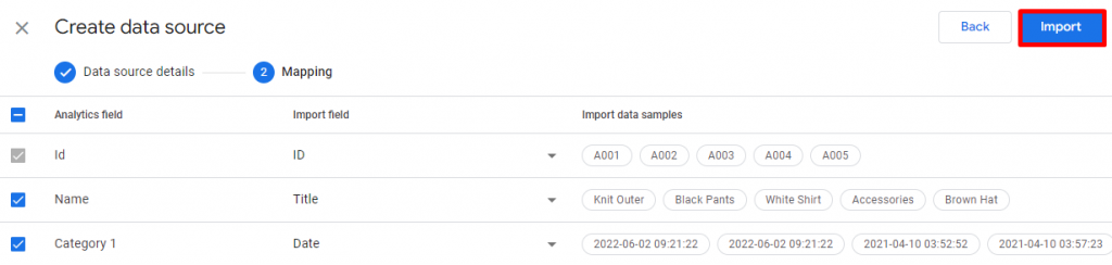 Sort the analytics and import field for your uploaded data