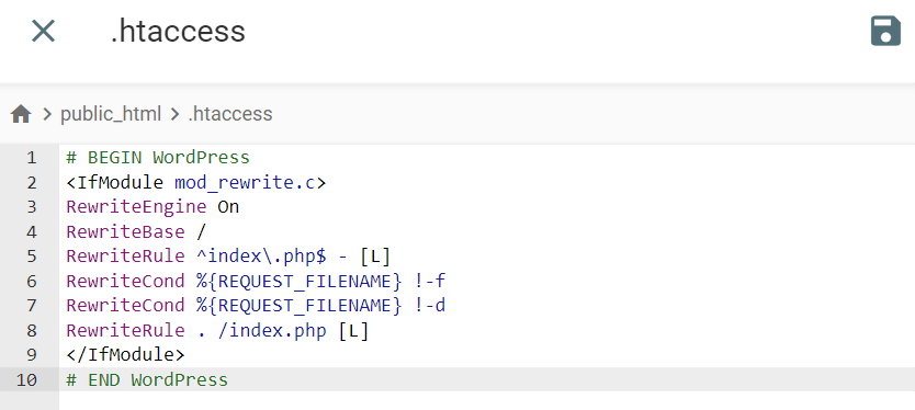 The File Editor showing where to add the code snippet to the .htaccess file in the hPanel