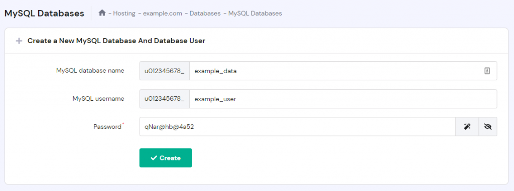 The MySQL Databases section in the hPanel, showing you how to create a new MySQL database