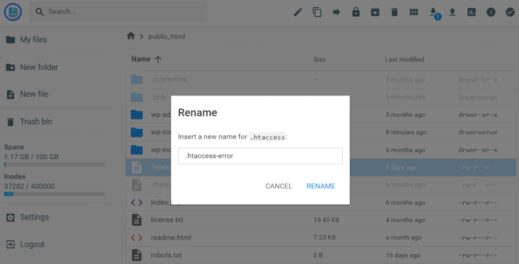 The Rename popup appears in the hPanel's File Manager, where you can rename the .htaccess file