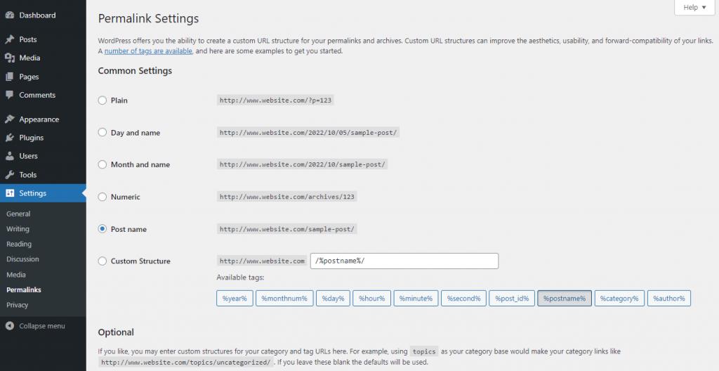 The Settings section in the WordPress admin panel, showing where to select the Post name option