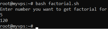 The command-line window displaying shell script for getting factorial of a number
