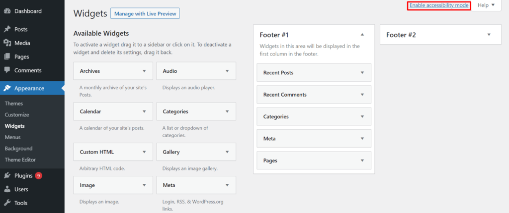 The enable accessibility mode at the top right of the widgets area in the WordPress dashboard