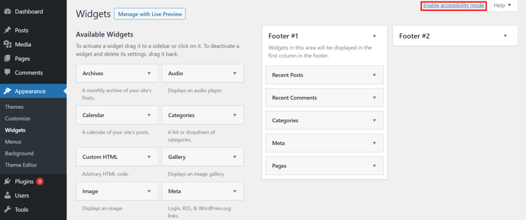 The enable accessibility mode at the top right of the widgets area in the WordPress dashboard