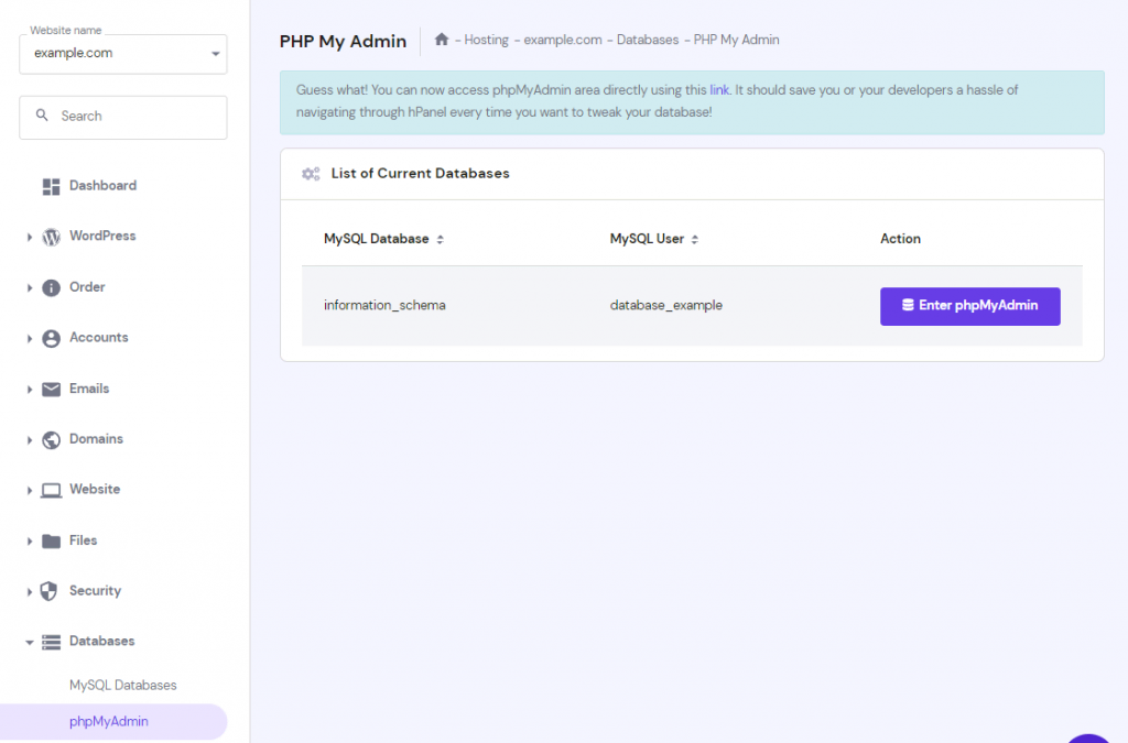 The phpMyAdmin page on the hPanel