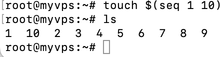 The terminal window displays the use of command substitution. It creates ten empty files with the help of touch and seq commands
