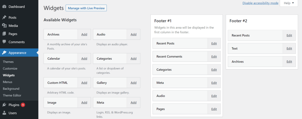 The widgets area in the WordPress dashboard - enable accessibility mode version