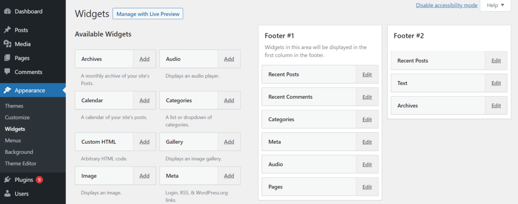 The widgets area in the WordPress dashboard - enable accessibility mode version