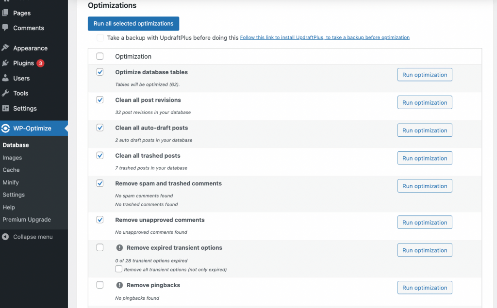 WP-Optimize website optimization options