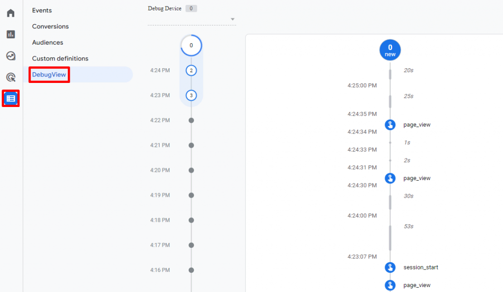 With DebugView, you can monitor interactions on your website in certain timeline.